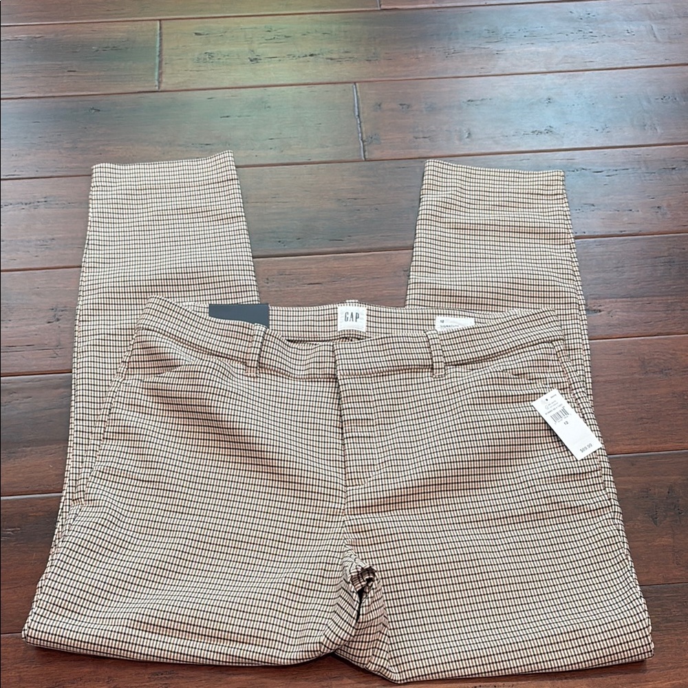 NWT Gap Signature Skinny Ankle Plaid Pants Womens 12 Tan and Navy Stretch